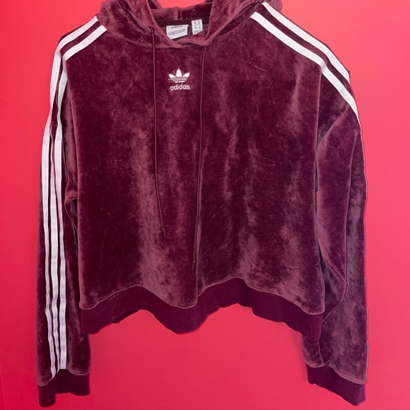 Adidas originals Velour Cropped Hoodie Sweatshirt Burgundy size Small - Picture 6 of 6